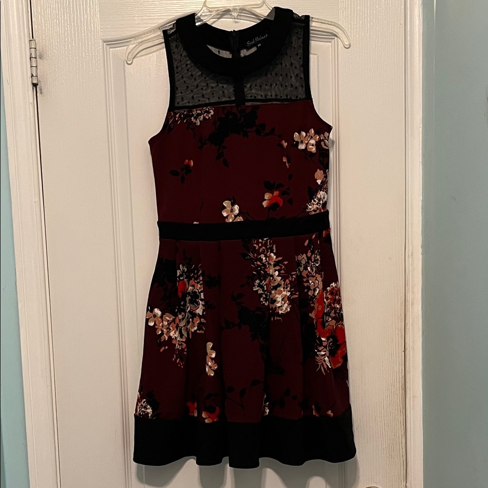 Burgundy floral dress with polka dot mesh